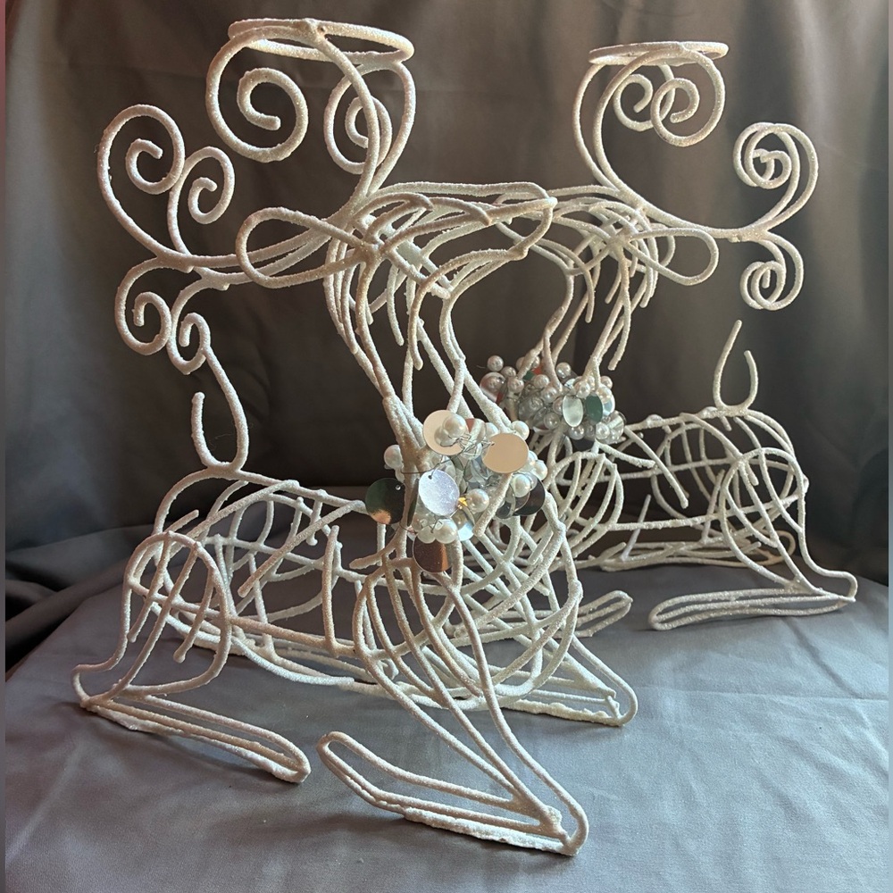 Christmas White Metal Glitter Reindeer Votive Candle Holder, Set of 2